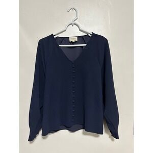 SEZANE Navy Blue V Neck Button Front Long Sleeve Blouse Top Size‎ 36
